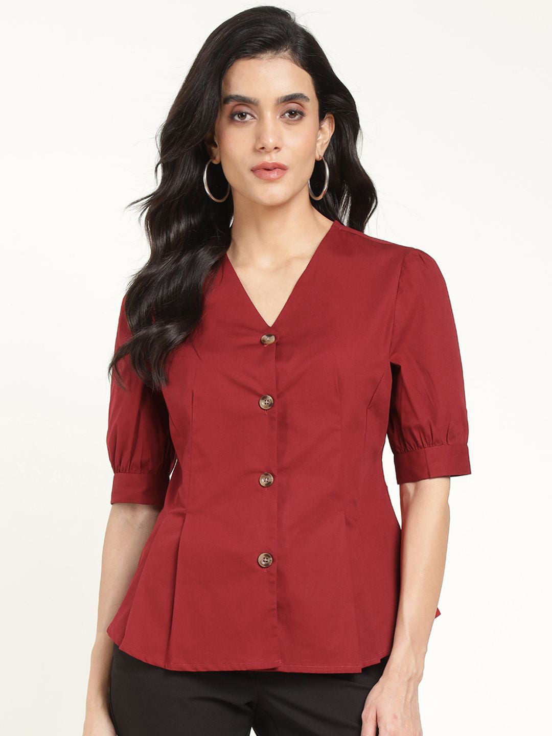 Women Maroon Solid Pure Cotton Regular Fit Formal Shirt