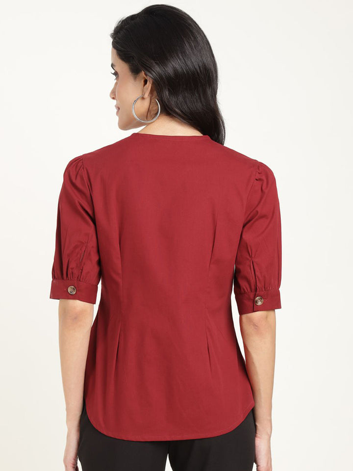 Women Maroon Solid Pure Cotton Regular Fit Formal Shirt