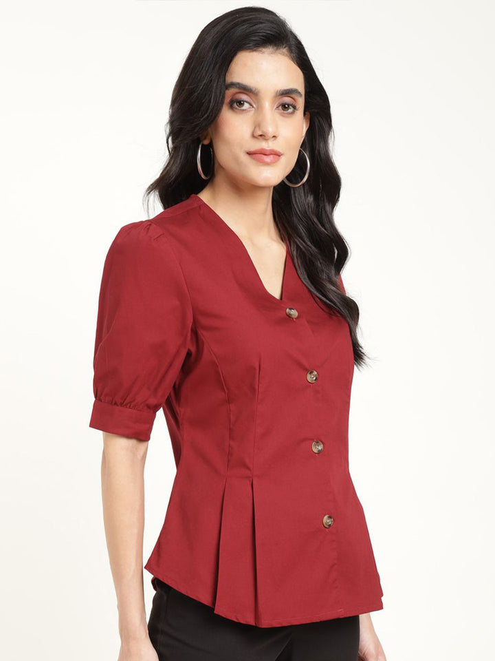 Women Maroon Solid Pure Cotton Regular Fit Formal Shirt