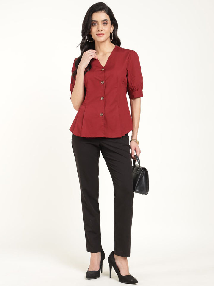 Women Maroon Solid Pure Cotton Regular Fit Formal Shirt