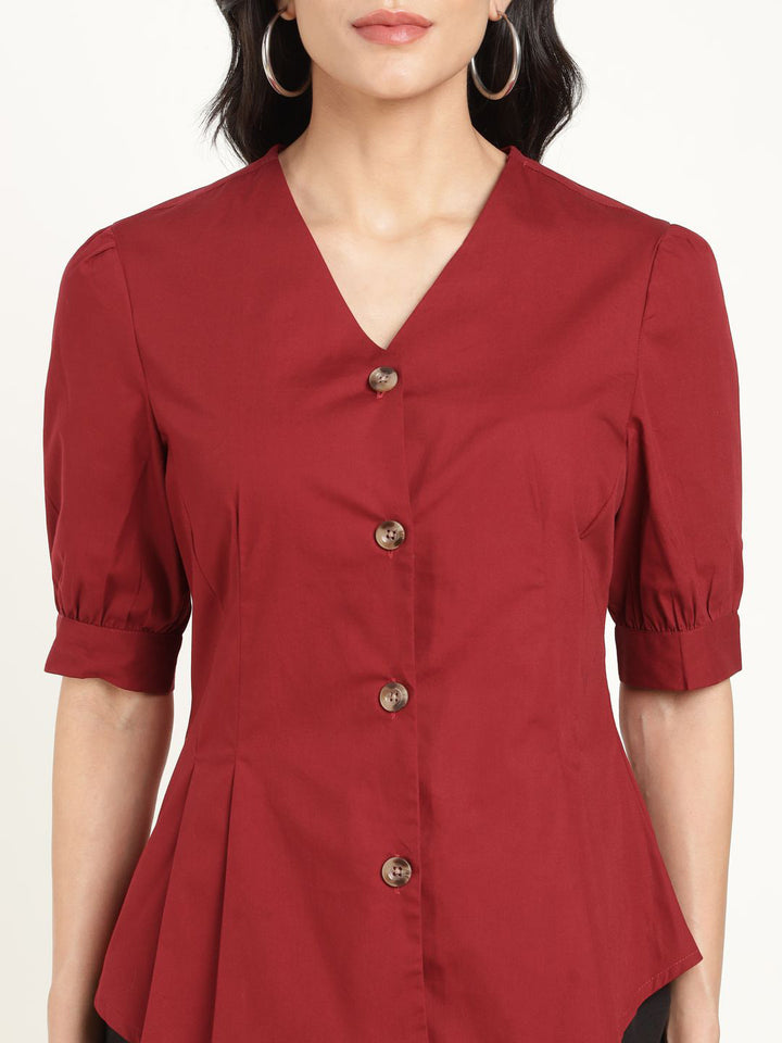 Women Maroon Solid Pure Cotton Regular Fit Formal Shirt