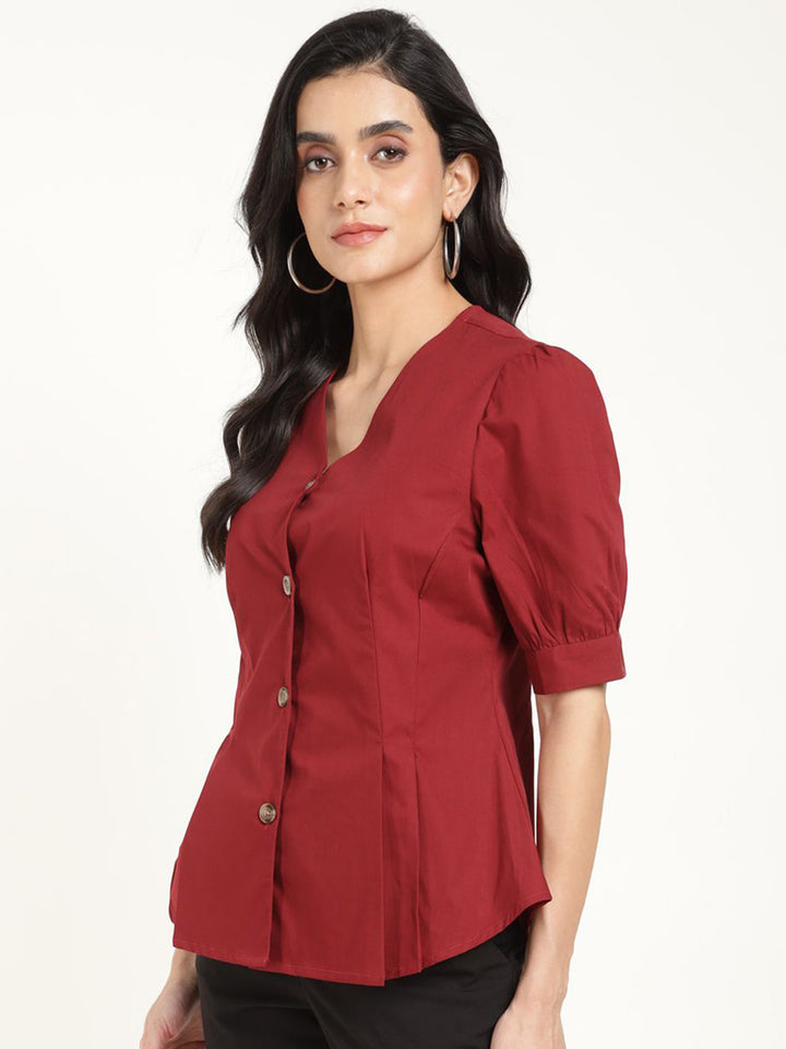 Women Maroon Solid Pure Cotton Regular Fit Formal Shirt