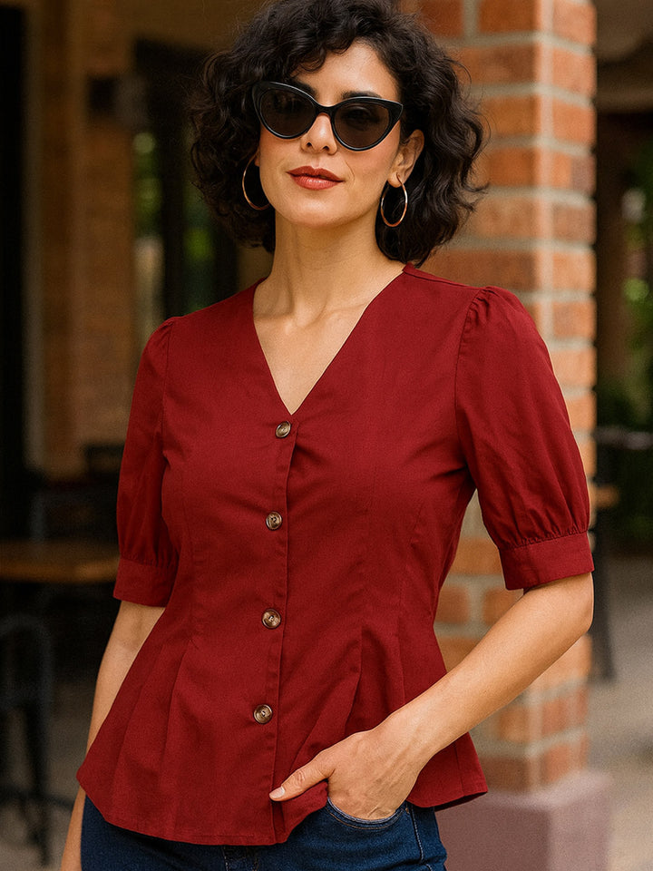 Women Maroon Solid Pure Cotton Regular Fit Formal Shirt