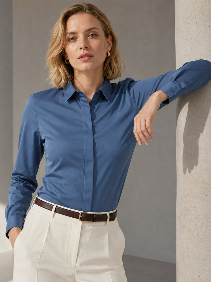 Women Bluish Grey Solid Cotton Elastene Regular Fit Formal Shirt