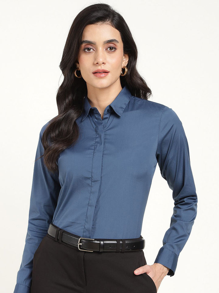 Women Bluish Grey Solid Cotton Elastene Regular Fit Formal Shirt