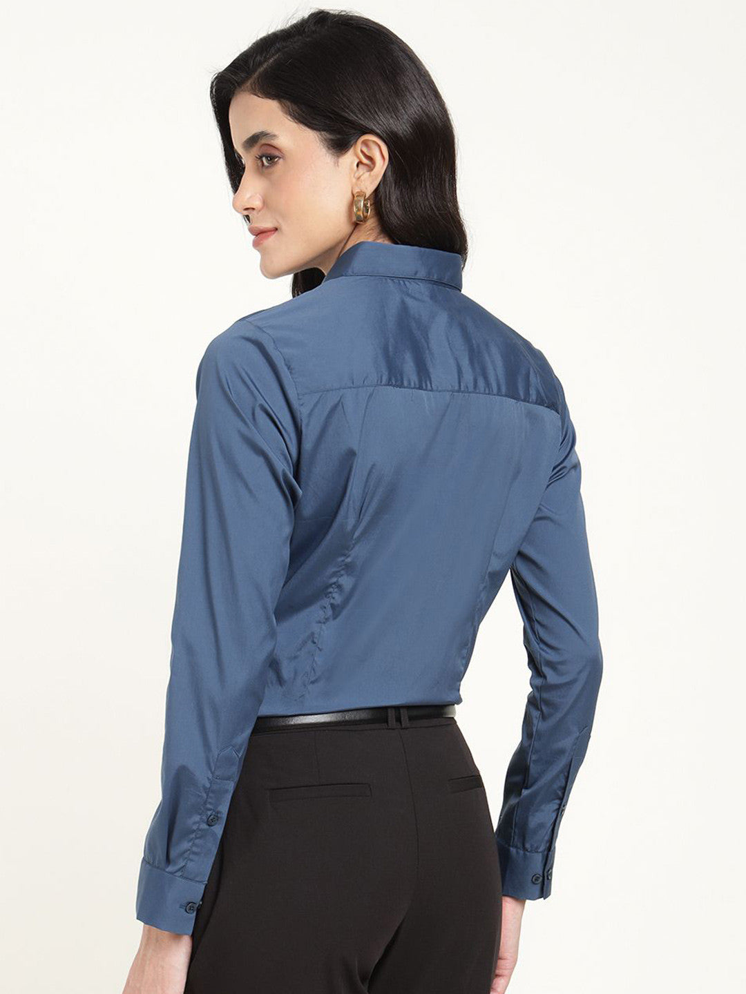 Women Bluish Grey Solid Cotton Elastene Regular Fit Formal Shirt
