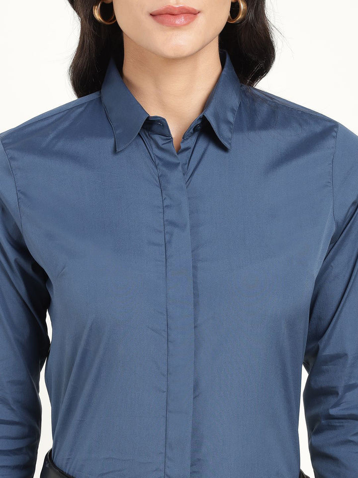 Women Bluish Grey Solid Cotton Elastene Regular Fit Formal Shirt