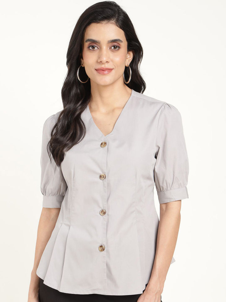 Women Light Grey Solid Pure Cotton Regular Fit Formal Shirt