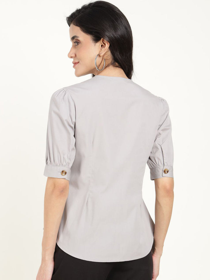 Women Light Grey Solid Pure Cotton Regular Fit Formal Shirt