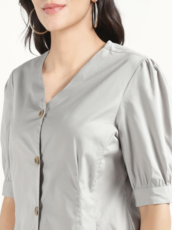 Women Light Grey Solid Pure Cotton Regular Fit Formal Shirt
