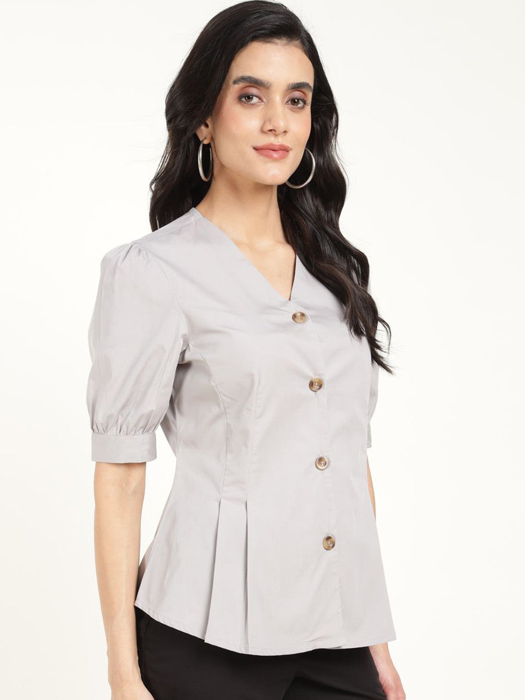 Women Light Grey Solid Pure Cotton Regular Fit Formal Shirt