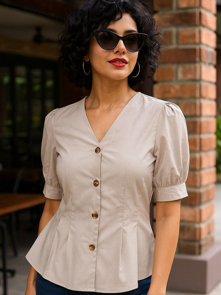 Women Light Grey Solid Pure Cotton Regular Fit Formal Shirt