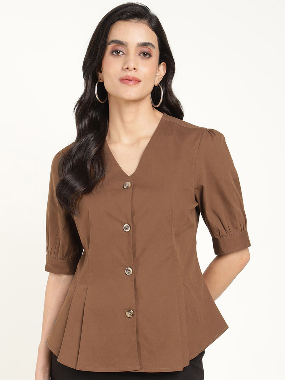Women Brown Solid Pure Cotton Regular Fit Formal Shirt