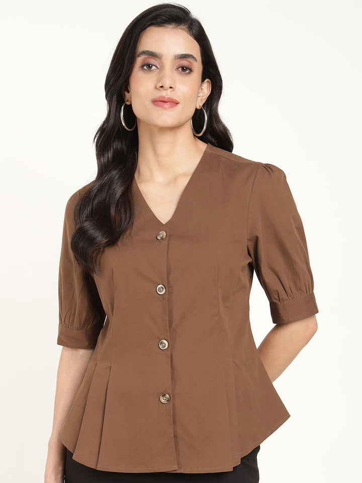 Women Brown Solid Pure Cotton Regular Fit Formal Shirt