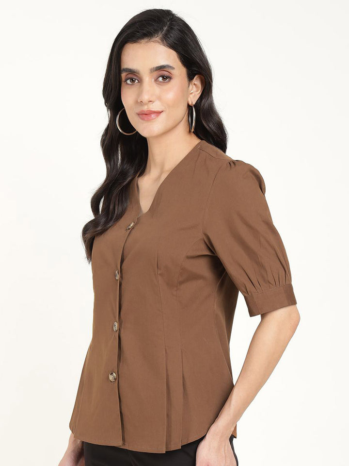 Women Brown Solid Pure Cotton Regular Fit Formal Shirt