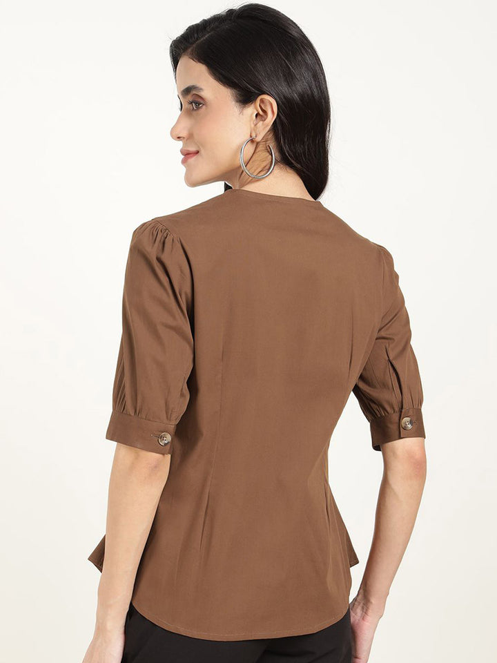Women Brown Solid Pure Cotton Regular Fit Formal Shirt