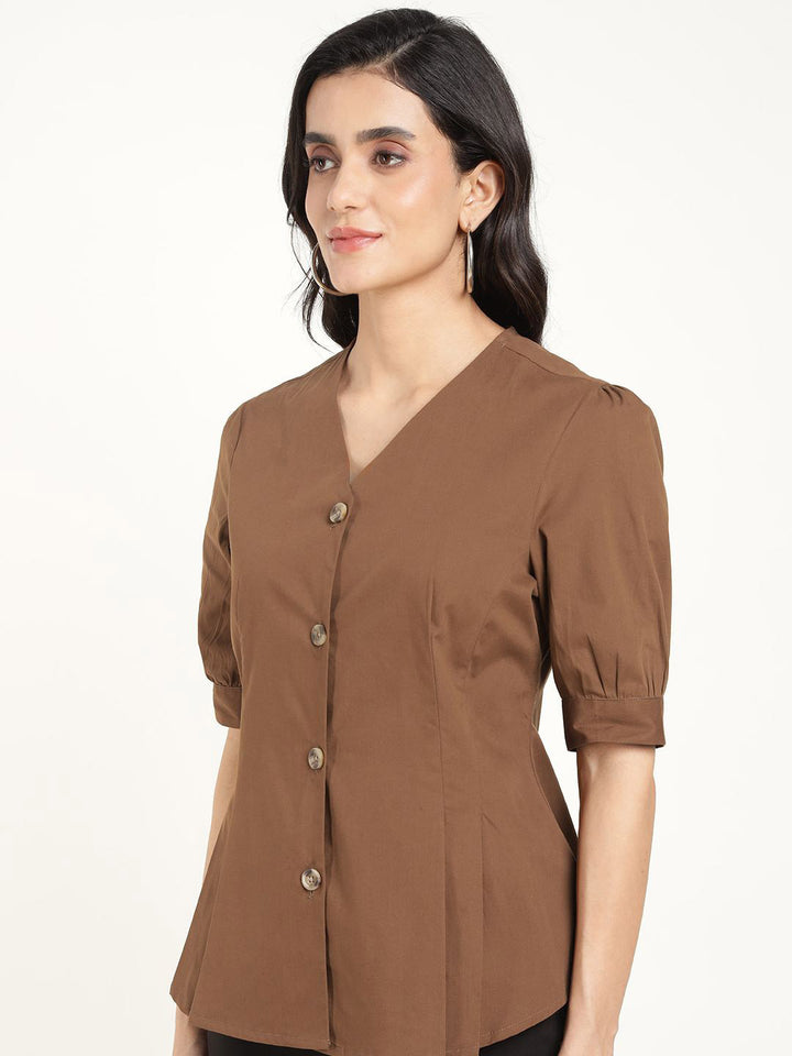 Women Brown Solid Pure Cotton Regular Fit Formal Shirt