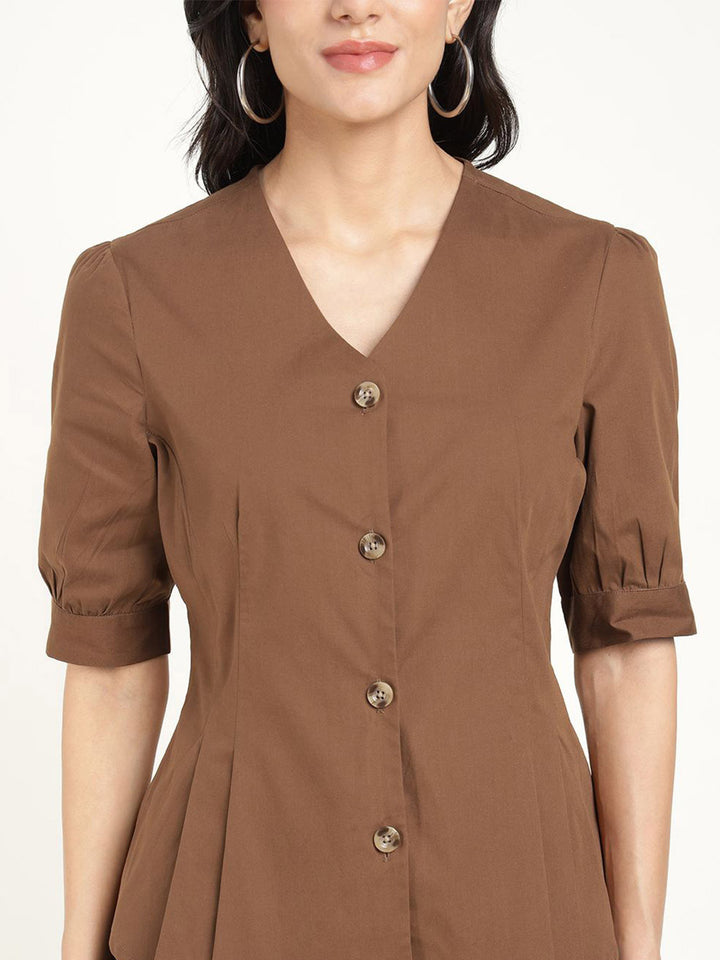 Women Brown Solid Pure Cotton Regular Fit Formal Shirt