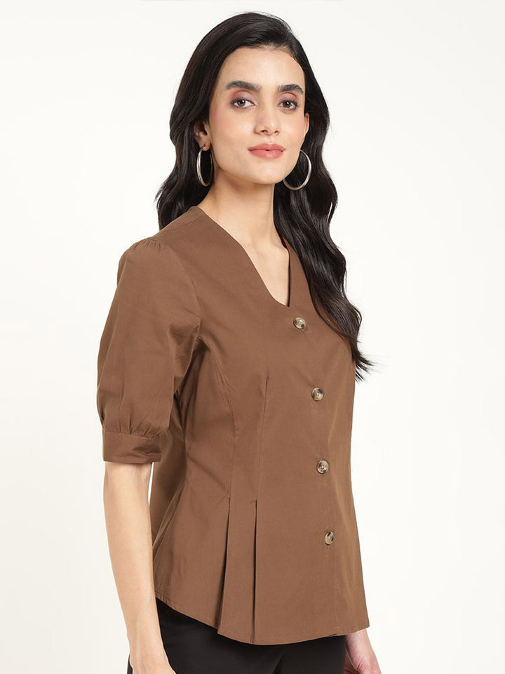 Women Brown Solid Pure Cotton Regular Fit Formal Shirt
