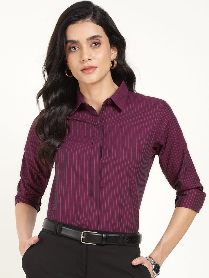 Women Magenta Striped Pure Cotton Regular Fit Formal Shirt