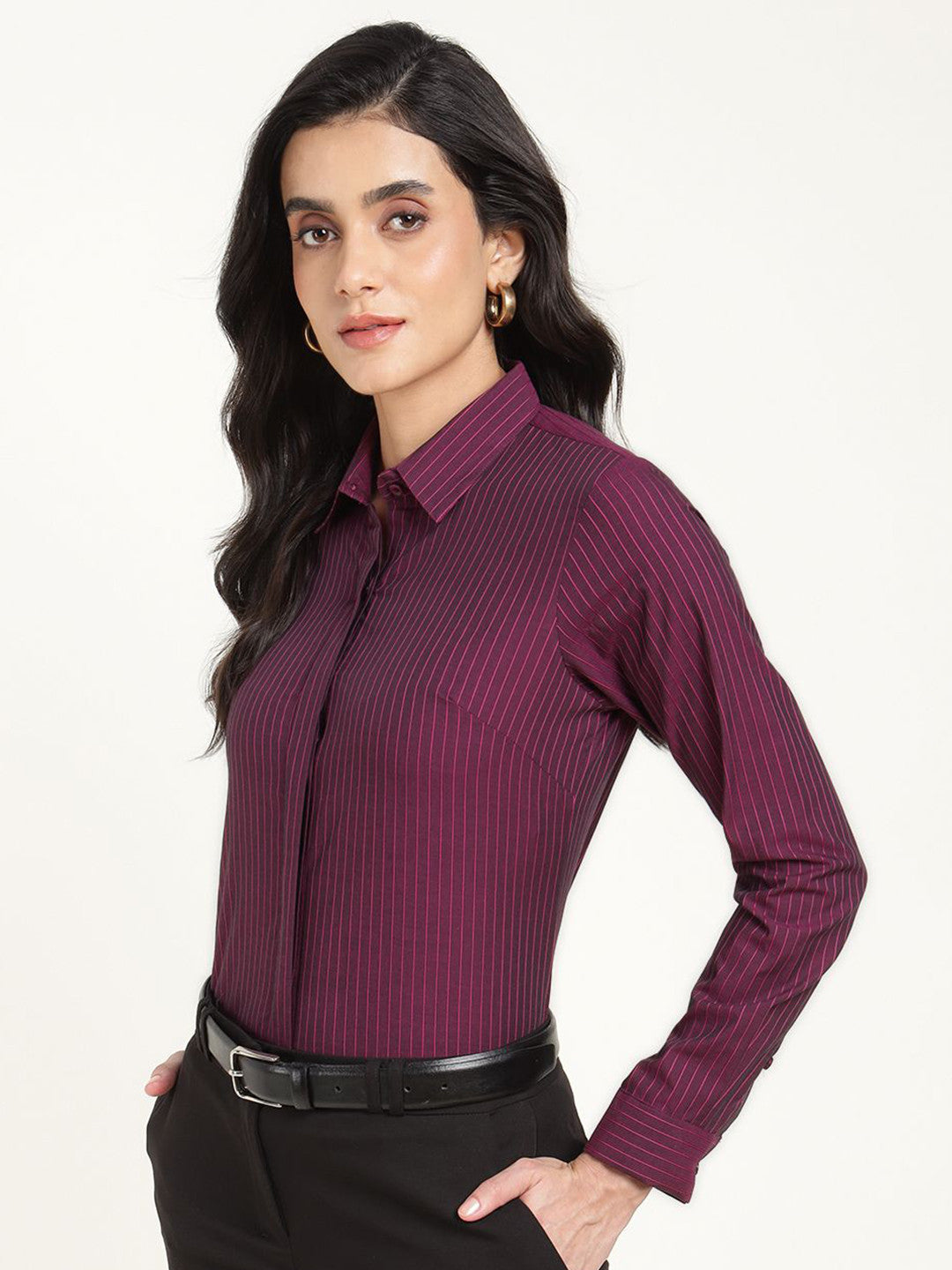 Women Magenta Striped Pure Cotton Regular Fit Formal Shirt