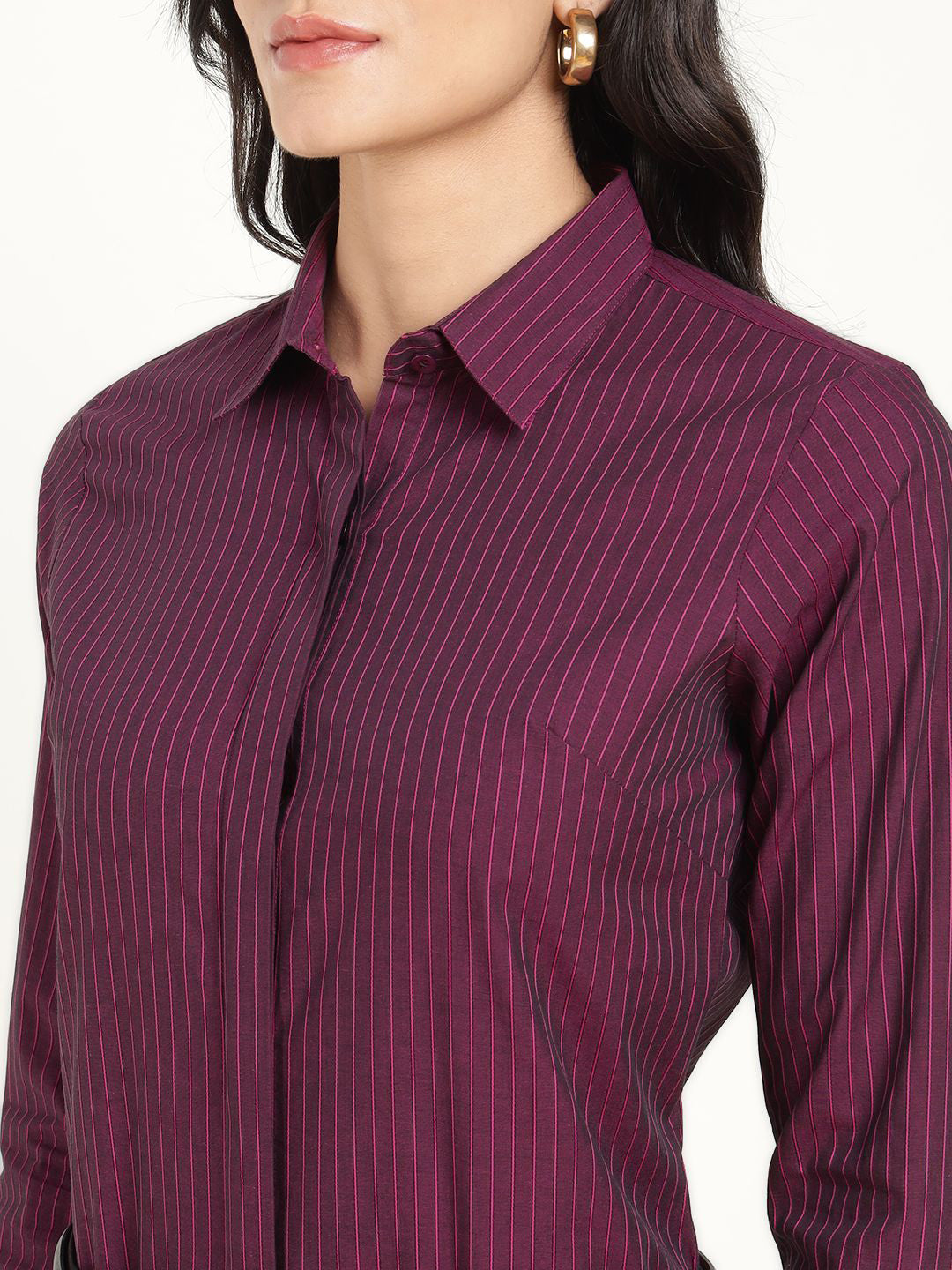 Women Magenta Striped Pure Cotton Regular Fit Formal Shirt