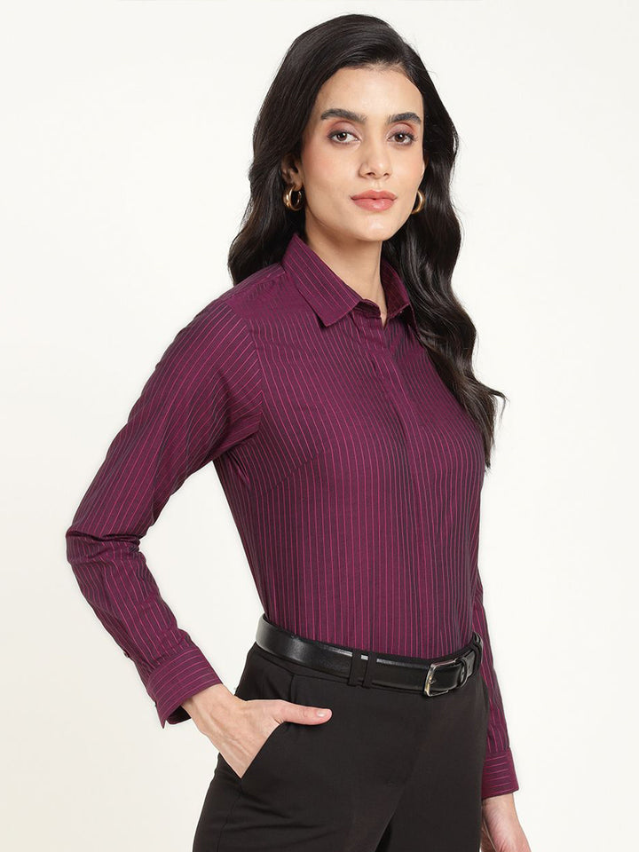 Women Magenta Striped Pure Cotton Regular Fit Formal Shirt