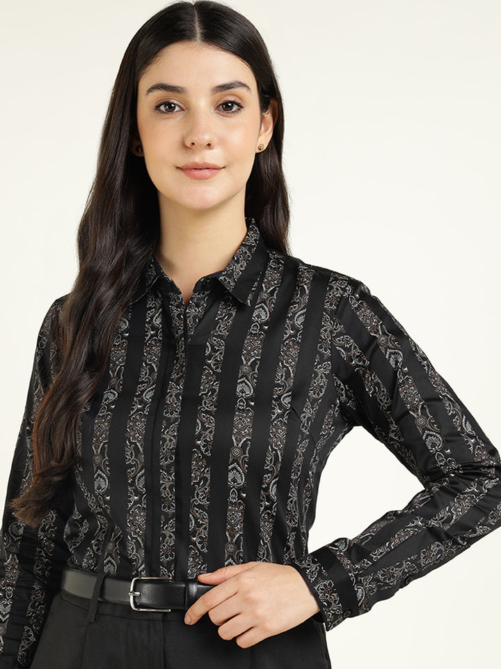 Women Black Striped Pure Cotton Regular Fit Party Shirt
