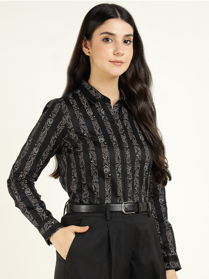 Women Black Striped Pure Cotton Regular Fit Party Shirt
