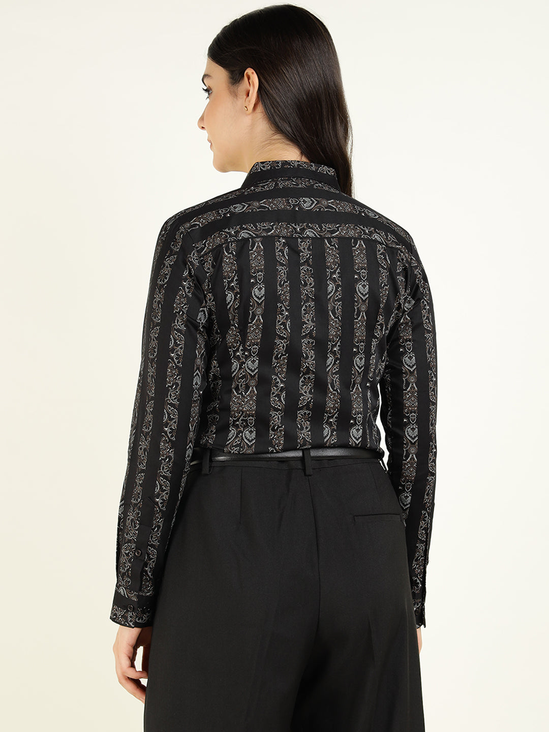Women Black Striped Pure Cotton Regular Fit Party Shirt