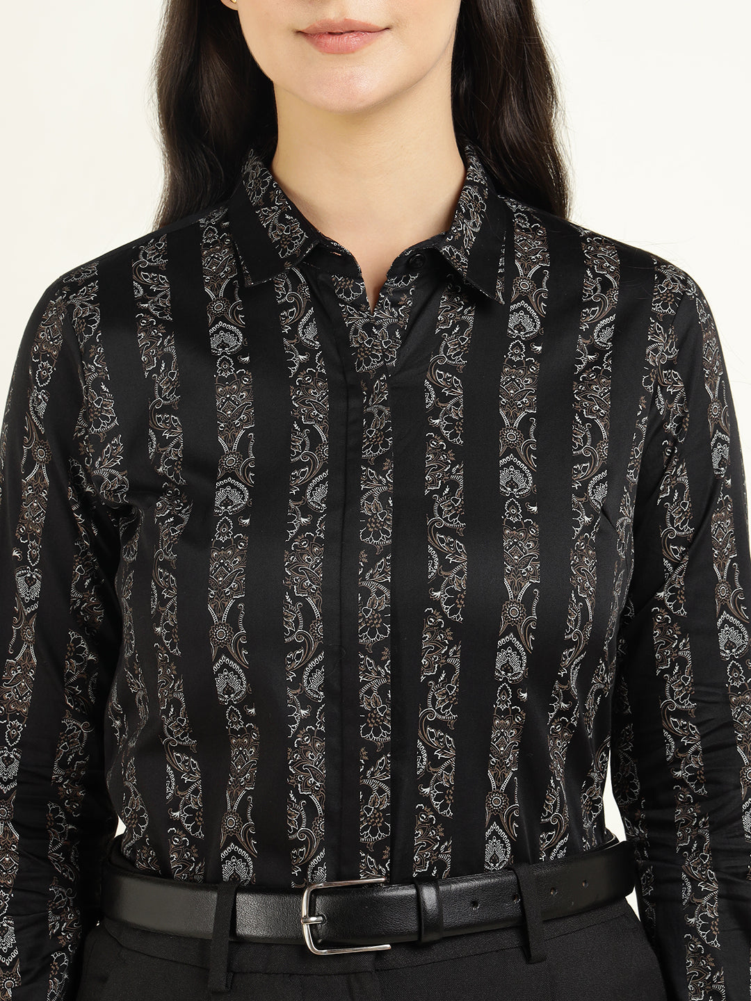 Women Black Striped Pure Cotton Regular Fit Party Shirt