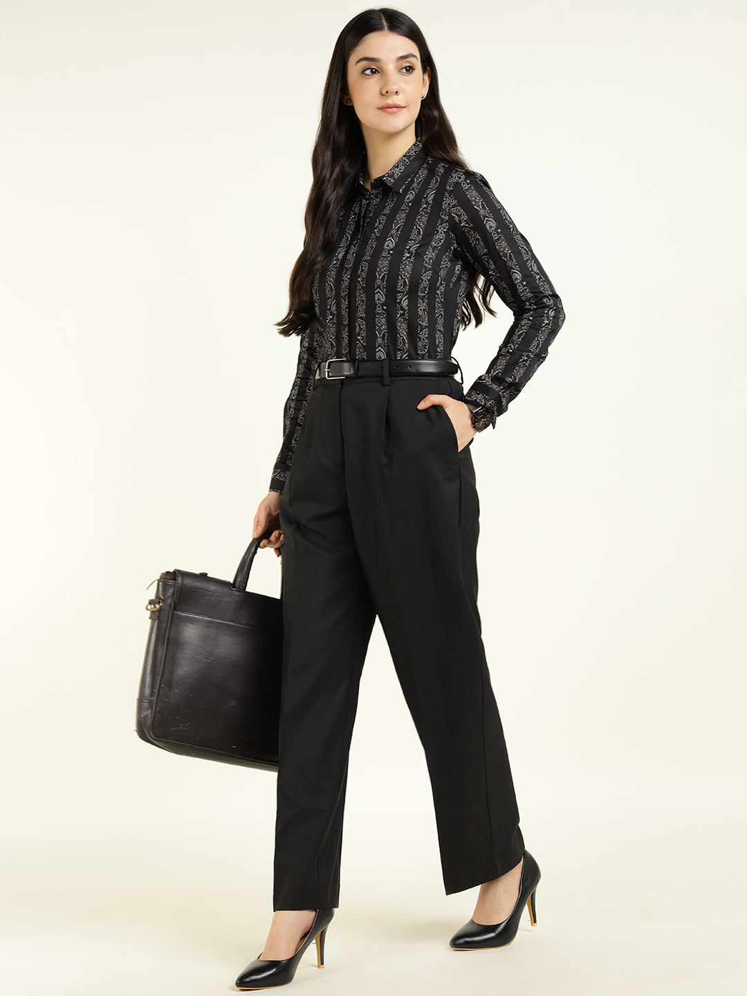 Women Black Striped Pure Cotton Regular Fit Party Shirt