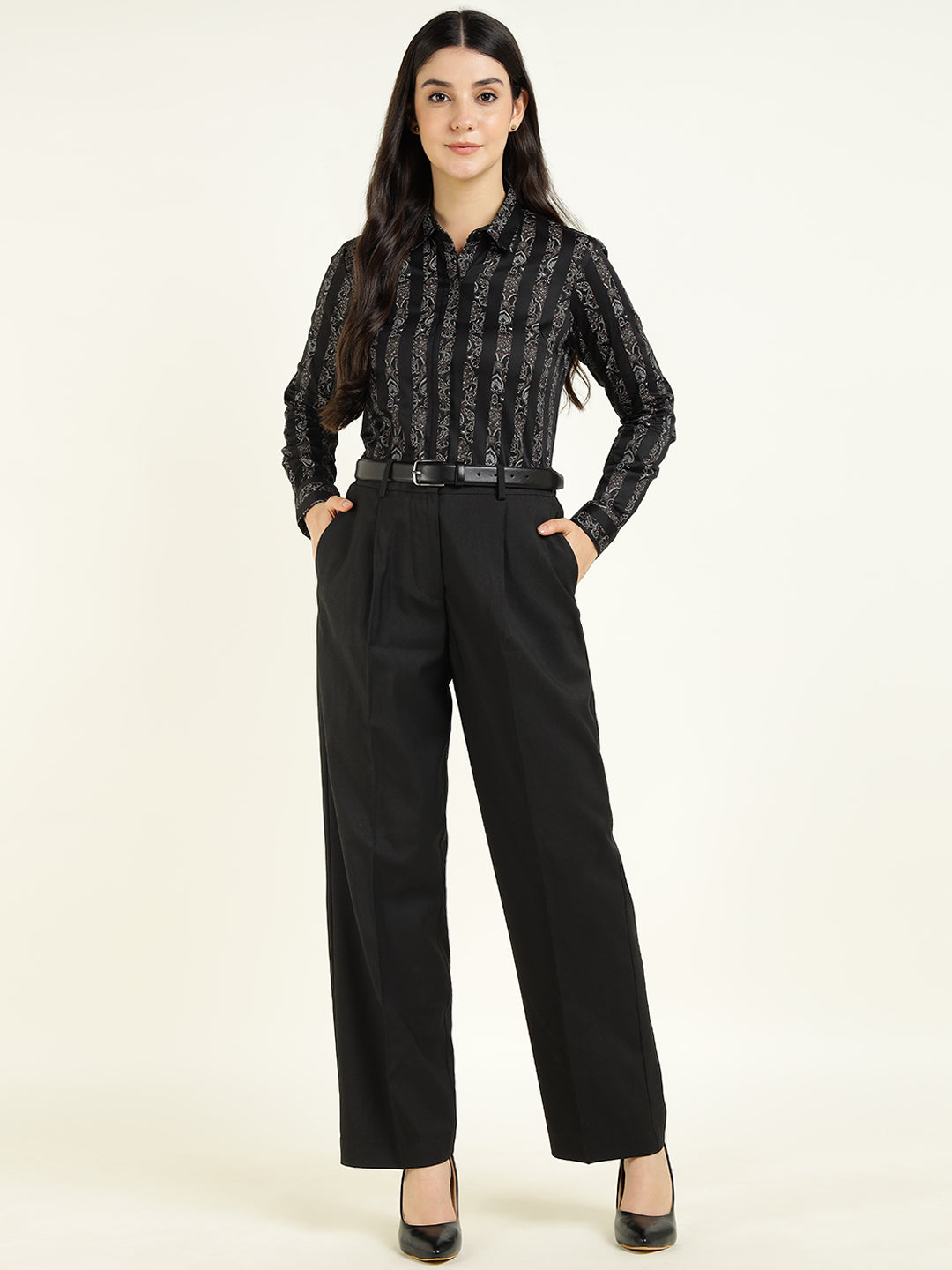 Women Black Striped Pure Cotton Regular Fit Party Shirt