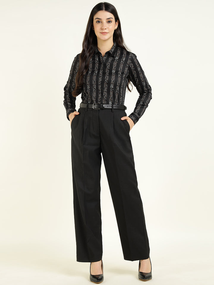 Women Black Striped Pure Cotton Regular Fit Party Shirt