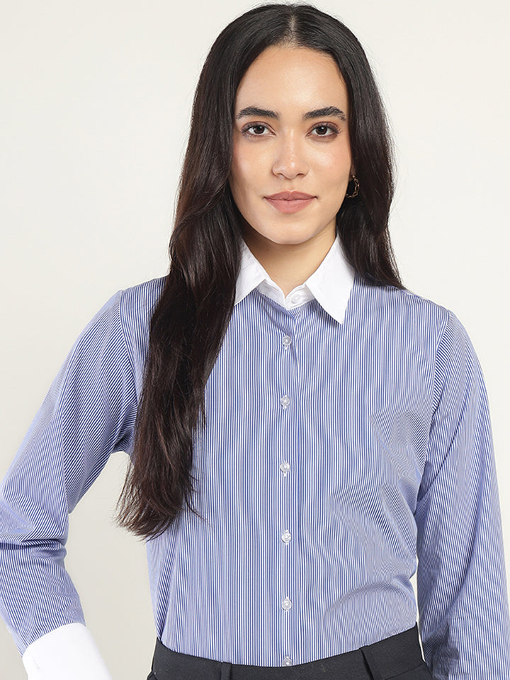 Women White & Blue Striped Pure Cotton Relaxed Fit Formal Shirt