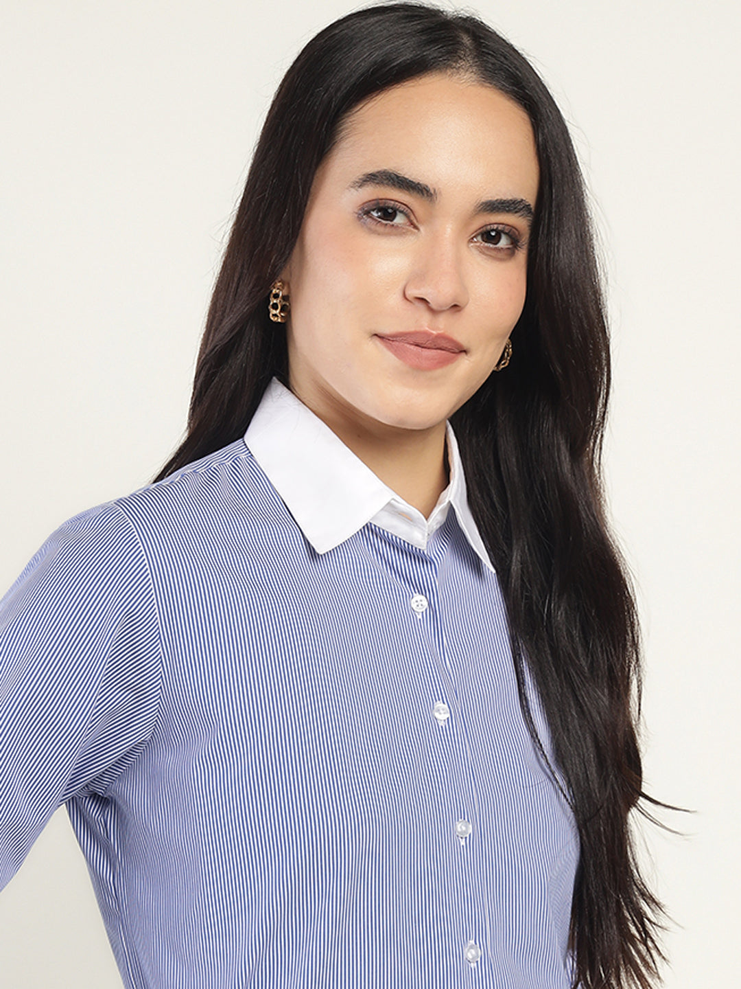 Women White & Blue Striped Pure Cotton Relaxed Fit Formal Shirt