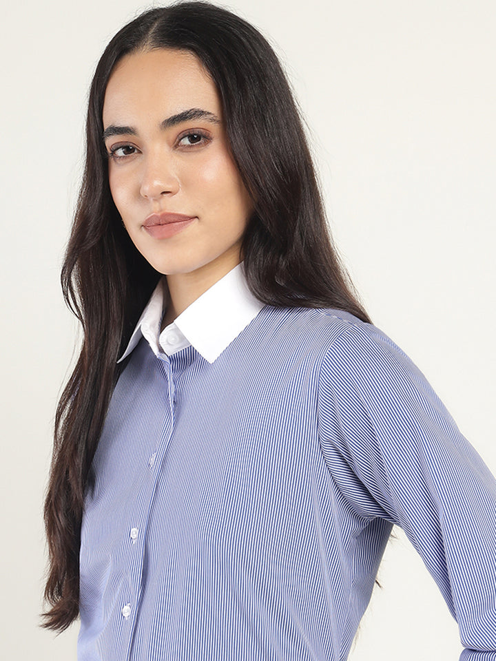 Women White & Blue Striped Pure Cotton Relaxed Fit Formal Shirt