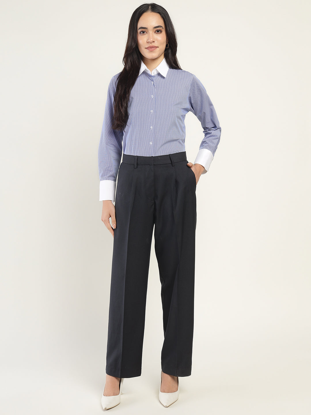 Women White & Blue Striped Pure Cotton Relaxed Fit Formal Shirt