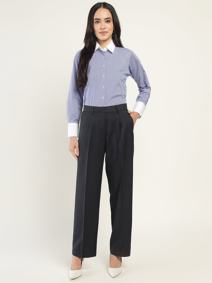 Women White & Blue Striped Pure Cotton Relaxed Fit Formal Shirt