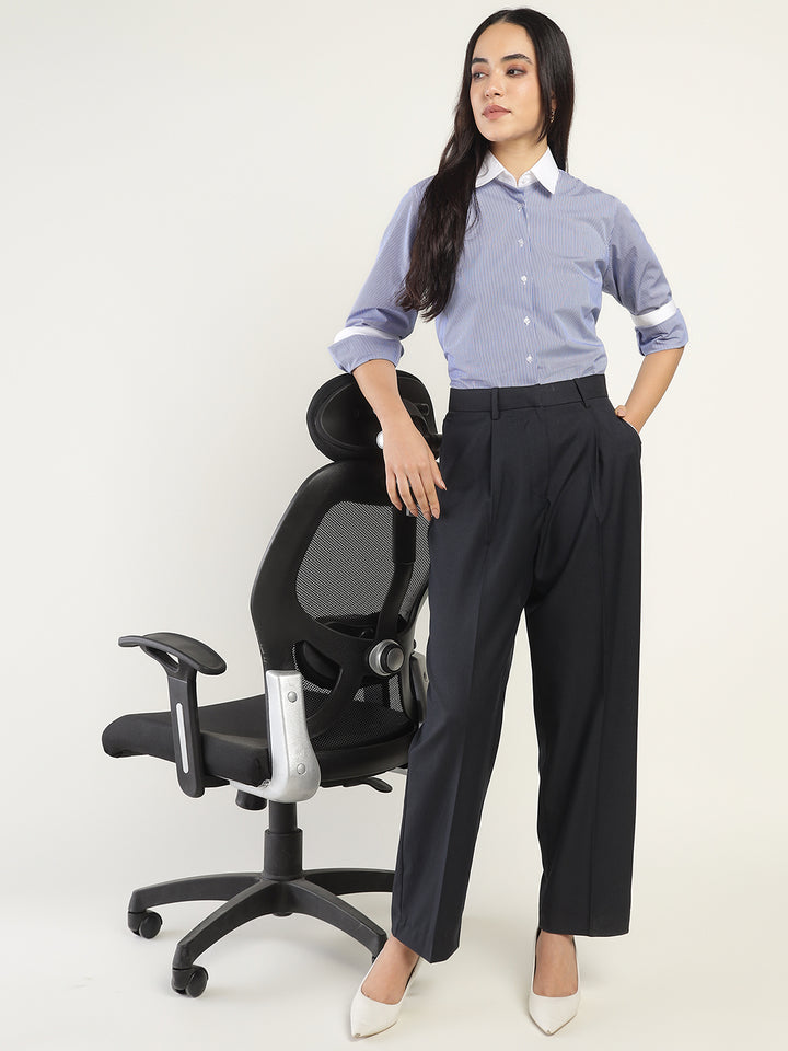 Women White & Blue Striped Pure Cotton Relaxed Fit Formal Shirt