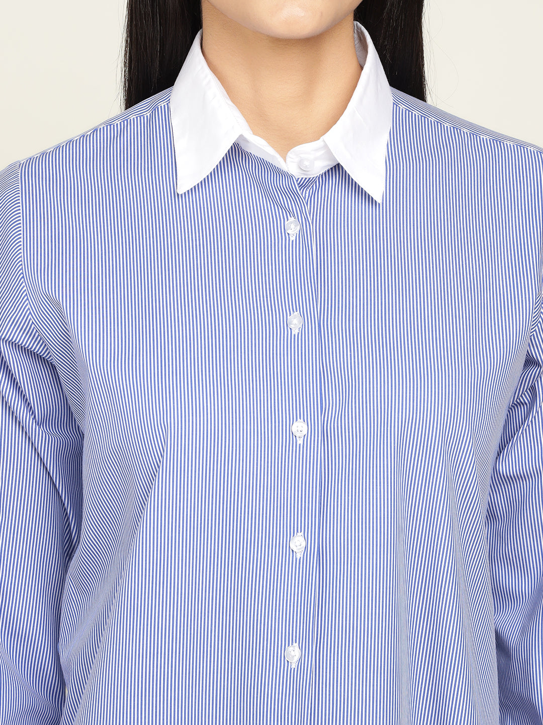 Women White & Blue Striped Pure Cotton Relaxed Fit Formal Shirt