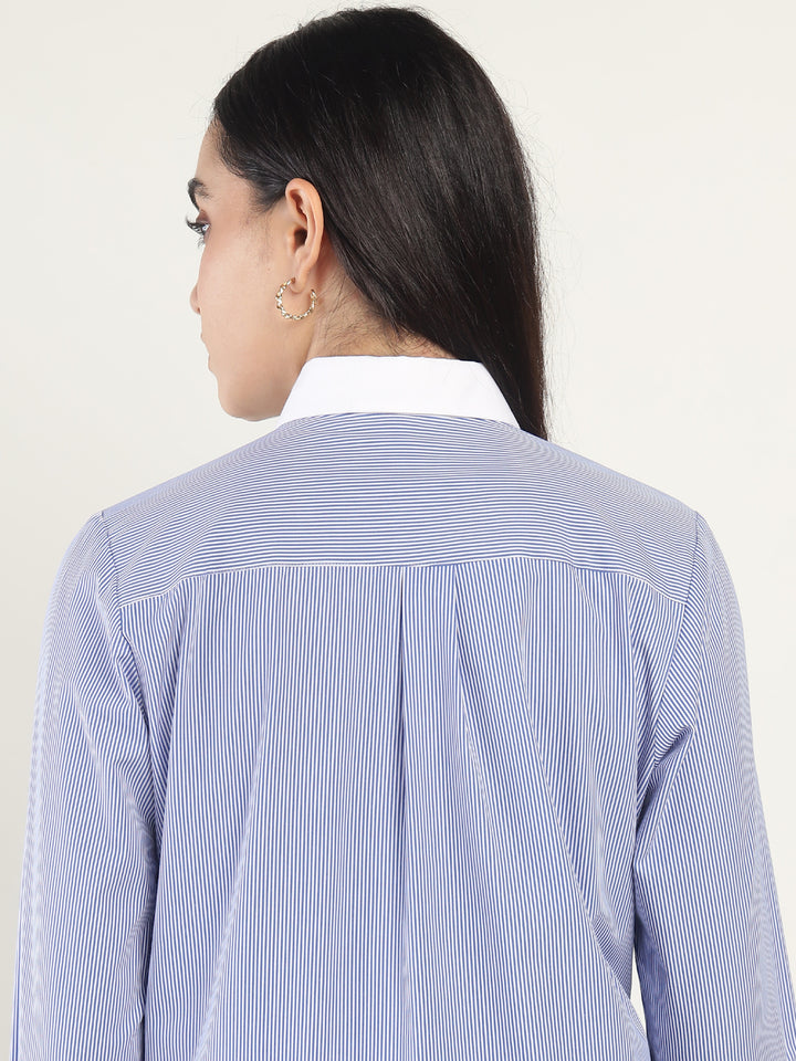 Women White & Blue Striped Pure Cotton Relaxed Fit Formal Shirt
