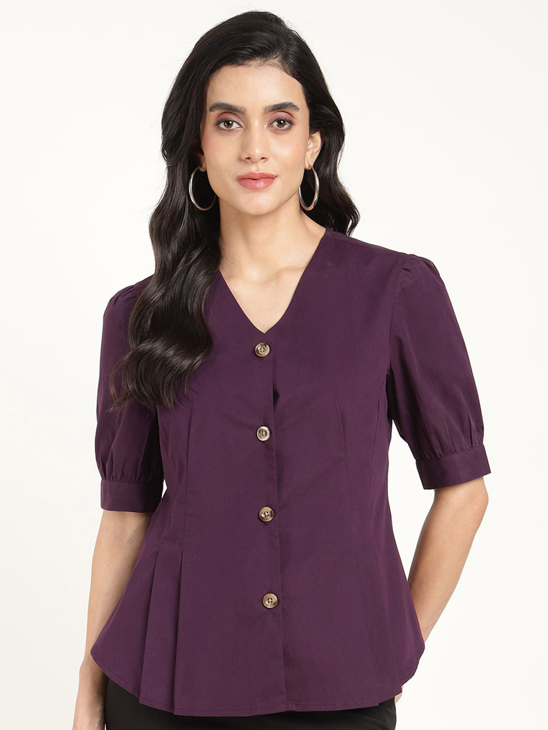 Women Purple Solid Pure Cotton Regular Fit Formal Shirt