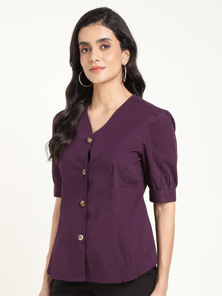 Women Purple Solid Pure Cotton Regular Fit Formal Shirt