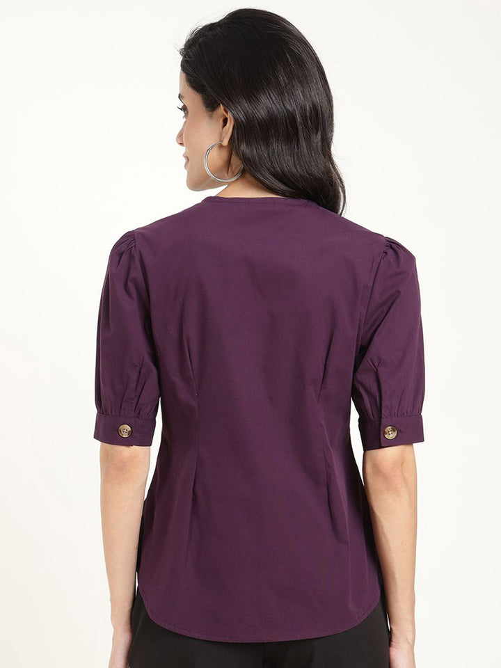 Women Purple Solid Pure Cotton Regular Fit Formal Shirt