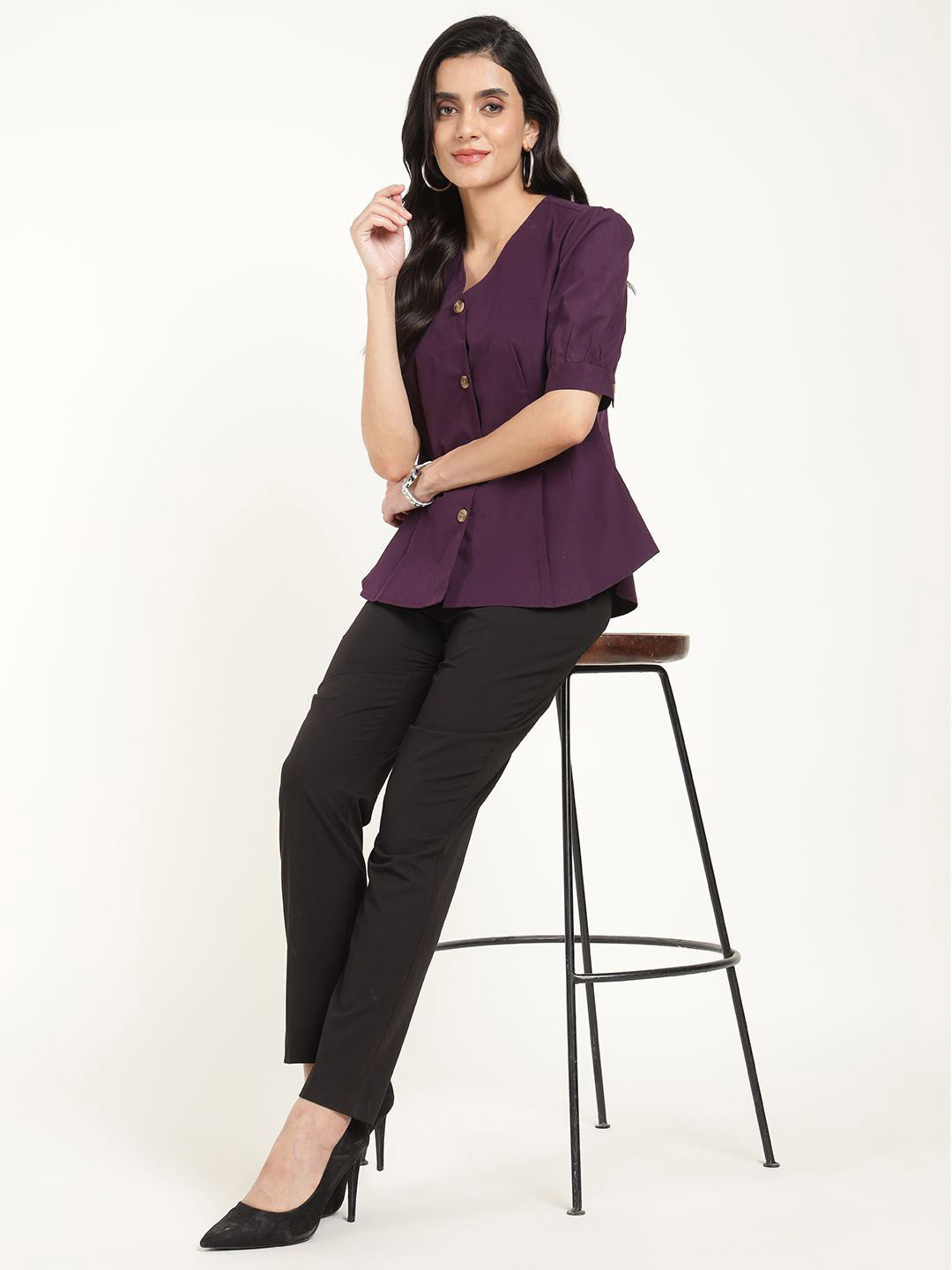 Women Purple Solid Pure Cotton Regular Fit Formal Shirt