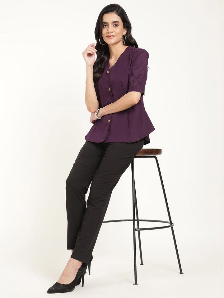 Women Purple Solid Pure Cotton Regular Fit Formal Shirt