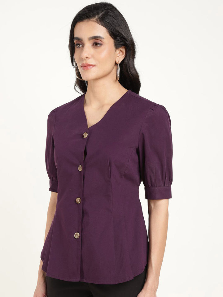 Women Purple Solid Pure Cotton Regular Fit Formal Shirt
