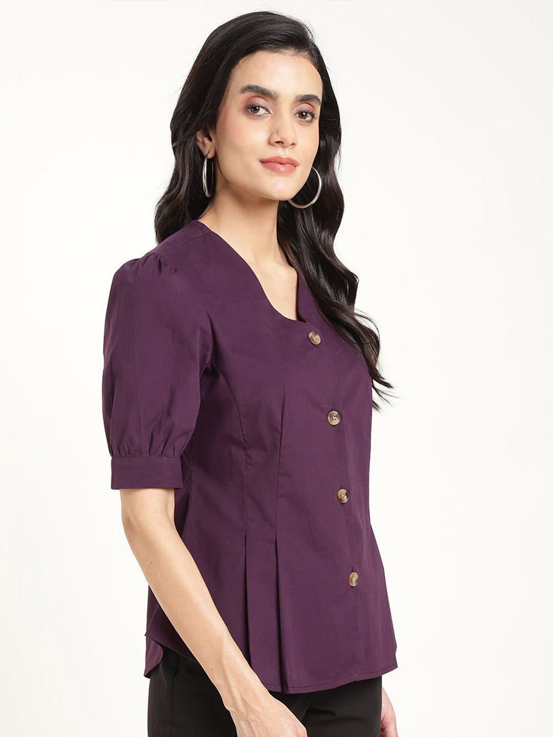 Women Purple Solid Pure Cotton Regular Fit Formal Shirt