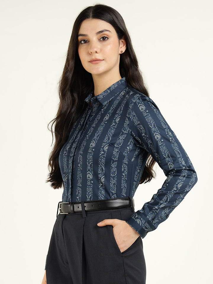Women Navy Blue Striped Pure Cotton Regular Fit Party Shirt